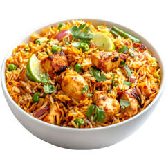 Fototapeta premium Delicious chicken biryani with rice, peas and lime served on transparent background