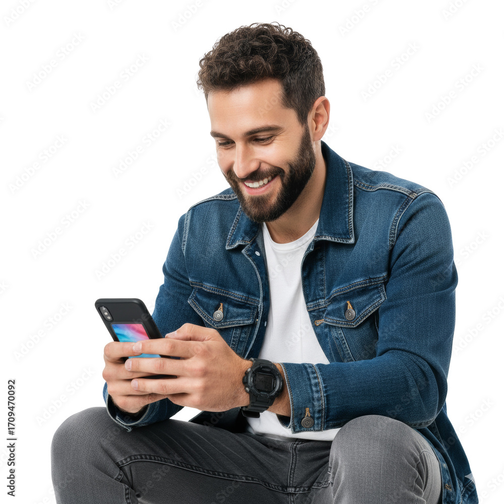 Poster man engrossed with cellphone browsing the internet with a joyful and enthusiastic expression