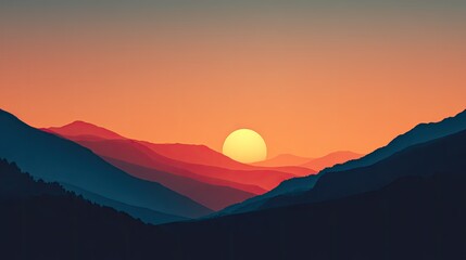 Obraz premium A minimalist painting depicting a mountain landscape at sunset. The sky has a gradient of shades from orange and pale yellow near the sun to a deep blue. The mountains appear layered. Overlapping shad