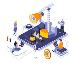 Common equidistant three-dimensional vector graphics A 3D megaphone - themed workspace with people, computers, and a drone, on a light background