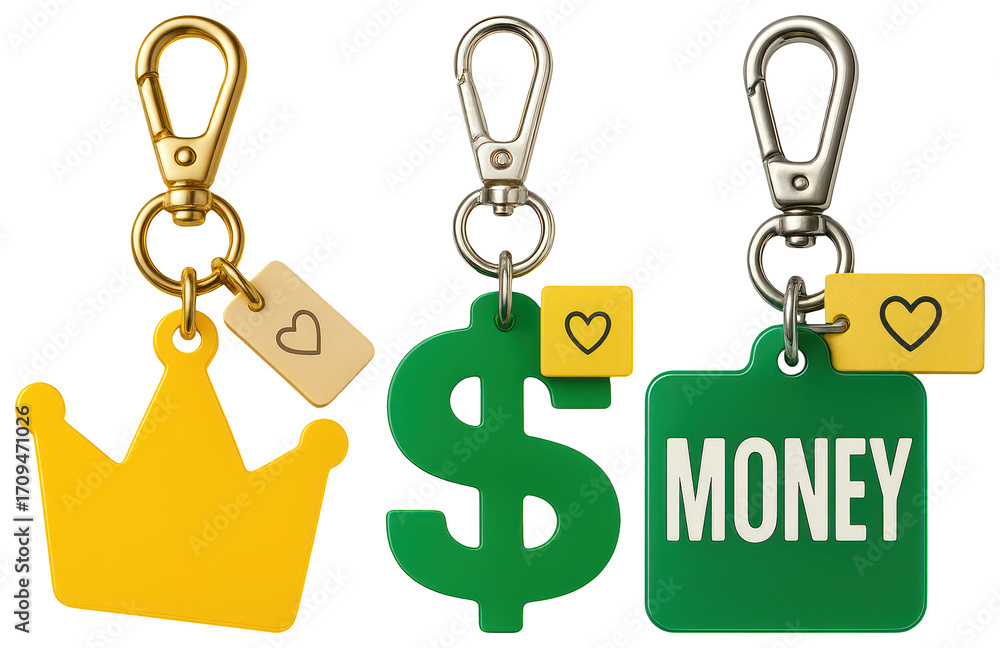 Poster png colorful keychains with symbols, element set on transparent background