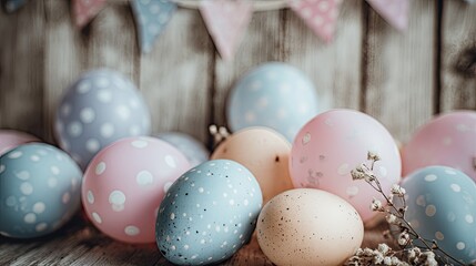 Several pastel-colored Easter eggs with white polka dots are placed on a worn wooden surface. Behind them are hanging pastel triangle flags. The eggs are pink, light blue, and cream, with small dried 