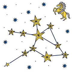 Capricornus constellation with horse zodiac sign doodle illustration of astrology, star, galaxy, universe, science, horoscope, celestial, zodiacal light