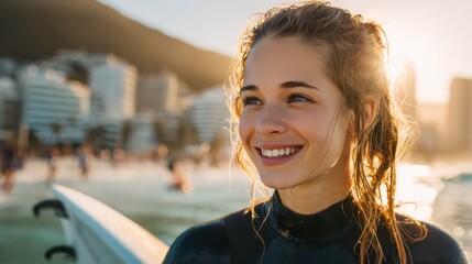 Smiling young woman in wetsuit standing with surfboard on beach at sunset with ocean waves, city buildings, and mountains in the background