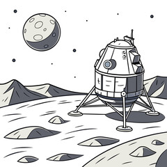 Illustration of a lunar lander on the moon, a spacecraft designed for landing on the moon, with the moon in the background © Atiar