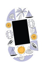 Decorative illustration collage combining frames of lobsters, lemon slices, oysters, and sun with sailboats and palm trees in summer vacation doodle art style