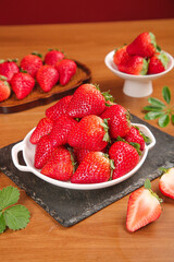 Fresh Red Strawberries in White Bowls on Wooden Table - Healthy Fruit Display
