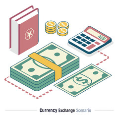 Isometric illustration of currency exchange scenario with money, coins, a book, and a calculator, concept for finance, accounting, and investment