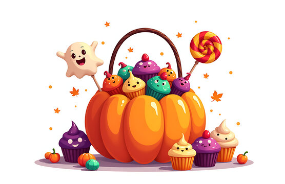 colorful festive illustration cartoon pumpkin candy bucket overflowing bright lollipops cupcakes surrounded spooky ghostly