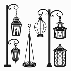 Collection of vintage street lanterns silhouettes on a, each with unique designs and shapes, evoking a sense of nostalgia and charm