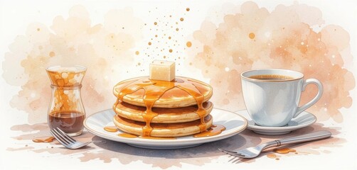 Watercolor Breakfast  A Soft and Dreamy Illustration of Coffee, Pancakes, and Syrup, Evoking a Hand Painted Feel