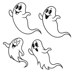 Four adorable cartoon ghosts are joyfully floating around, ideal for halloweenthemed projects, adding a whimsical and cheerful touch to designs