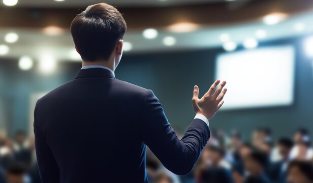 Young businessman giving presentation speaking to audience in conference hall or meeting room back view of man standing at front with hand raised delivering speech on stage for crowd