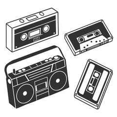 A vintage collection featuring a boombox and cassette tapes, evoking a sense of nostalgia for the 80s and 90s, perfect for retrothemed designs