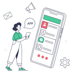 A woman is standing next to a large smartphone with a user interface, holding a tablet and thinking about the app