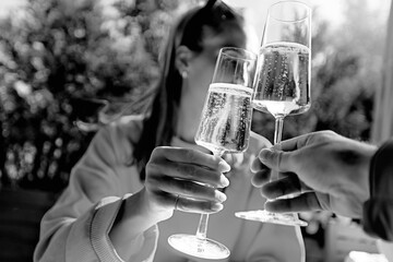 Friends with glasses of wine clink glasses holiday, a group of people abstract blurred background