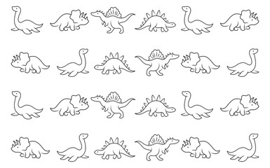 Background with cute dinosaurs. Illustration with funny cartoon dinosaurs. Line art designs on the theme of the Jurassic period and palaeontology.