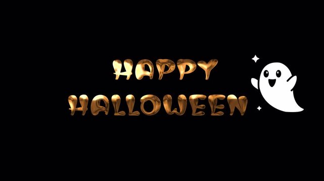 Happy halloween text design with gold text, cartoon ghost, alpha channel. Perfect for festive party invitations, seasonal social media posts, and spooky event flyers.