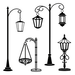 Collection of vintage street lamps set of decorative outdoor lights in retro style black and white vector illustration of old fashioned lanterns
