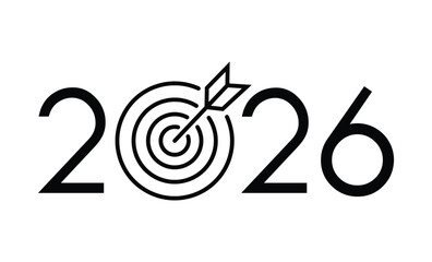 Minimalist black and white design featuring bold "2026" numerals with a stylized target icon between "20" and "26". Clean, modern, symmetrical composition ideal for future or new year themes.