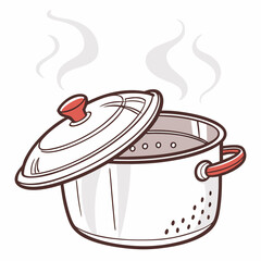 A steaming pot with a partially open lid, , suggests cooking, food preparation, and the creation of delicious meals in the kitchen
