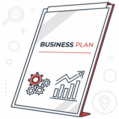 Business plan presentation, showcasing growth chart, gears, and strategic planning for success in a modern, minimalist design, perfect for entrepreneurs