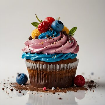 cupcake with cream and berries Gourmet Cupcake with Two-Tone Frosting &ndash; Colorful Dessert with Berries, Chocolate, and Sprinkles