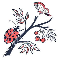 Illustration of a ladybug, butterfly, branch, and cherries, creating a nature scene, the design is colorful and whimsical