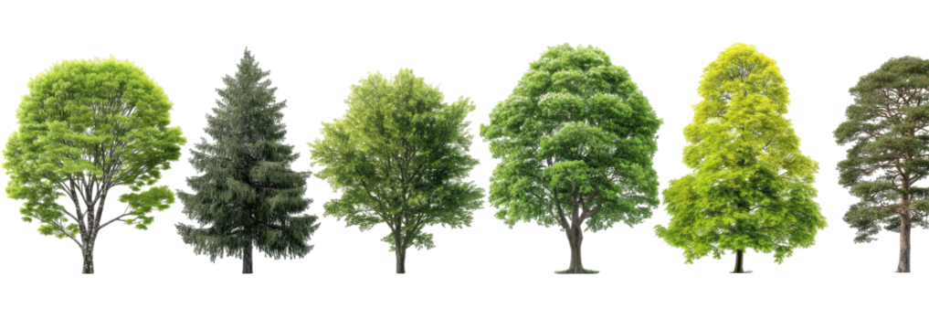 Various tree silhouettes in shades of green