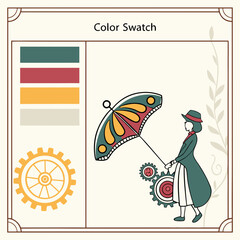 Steampunkthemed color swatch illustration featuring a woman with an umbrella, gears, and a color palette, , showcasing vintage and artistic elements
