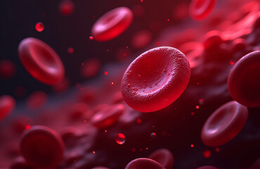 shot glowing red blood cells fluid motion blurred dark background illuminated soft diffused studio light
