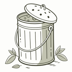 Illustration of a compost bin with leaves around it, symbolizing recycling and organic waste management concept for sustainable living
