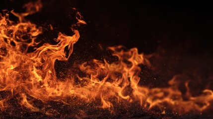 A fiery red-orange flame burns violently against a pitch-black background, with tiny sparks. Scattered among the flames