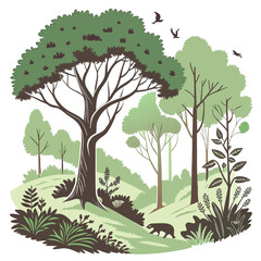 Illustration of a forest landscape with trees, bushes, grass, and a badger walking on the ground