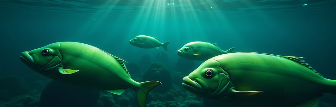 shot congas submerged underwater vibrant green finish illuminated soft blue glow emanating beneath surface