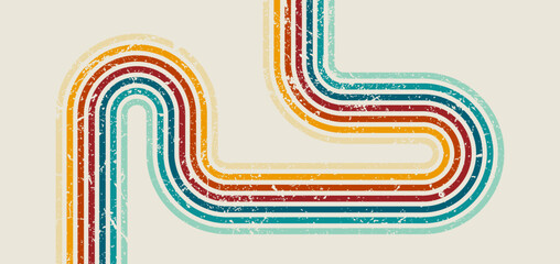 Fototapeta premium Retro curved multicolor stripes vector background with vintage grunge texture, perfect for 70s style posters, wallpapers, and creative graphic design.