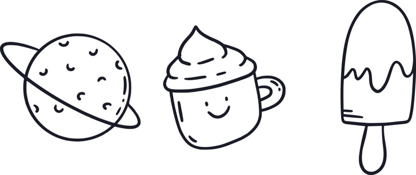 Planet, coffee cup, and ice cream popsicle doodles, white background, hand-drawn line art style, for kids' design and summer illustrations