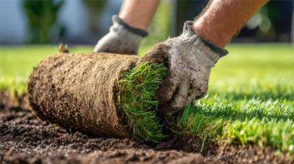 Gardener unrolling a sod roll on a prepared soil for a new lawn