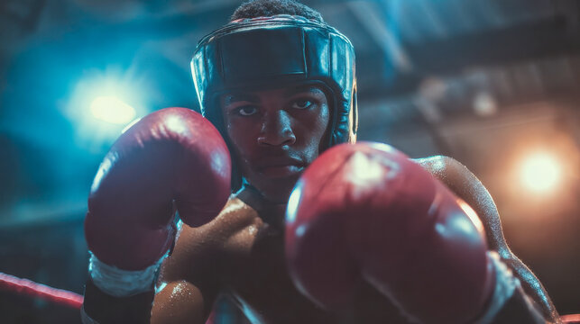 Young african american boxer training on the ring wearing boxing gloves and head guard