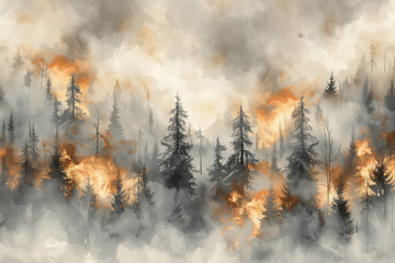 Ethereal painting of a forest engulfed in flames, a glowing network of embers and smoke weaving a path of destruction through the trees