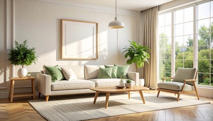 Serene and elegant home interior featuring a cozy sofa with green cushions, lush plants, and a blank poster frame for mockup in a sunlit room