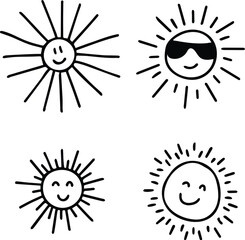 Cute cartoon suns with smiling faces, on white background, hand-drawn style, black and white, kids illustration