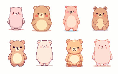 Obraz premium Pixel Art Collection of Cartoon Bear Characters in Pixel Style Artwork