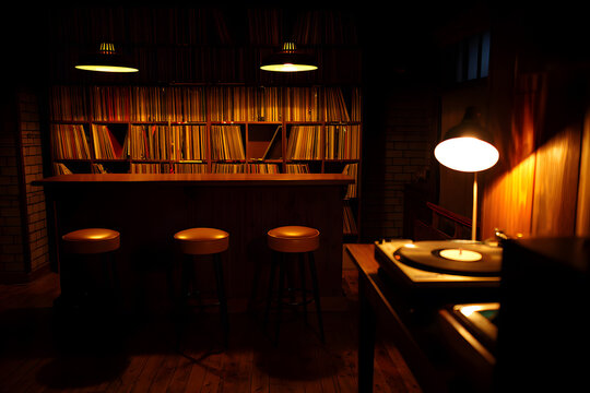 Cozy librery interior with tables chairs and warm lighting