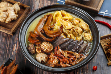 Buddha's Delight Soup with Mushrooms and Sea Cucumber in Bowl