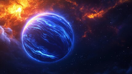 A blue planet with swirling patterns is seen against a backdrop of fiery orange and dark starry space