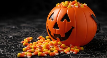 Halloween pumpkin bucket overflowing with candy corn on a dark, spooky background with spiderwebs