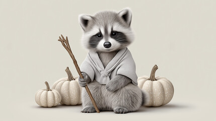 Cute raccoon wearing a robe holding a stick beside pumpkins for Halloween  