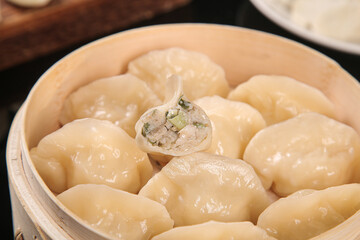 Traditional Steamed Mackerel Dumplings in Bamboo Steamer - Handmade Seafood Spanish Style Dim Sum