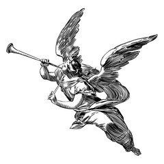A black engraving-style vector illustration of a flying angel blowing a long trumpet.  © Suriya